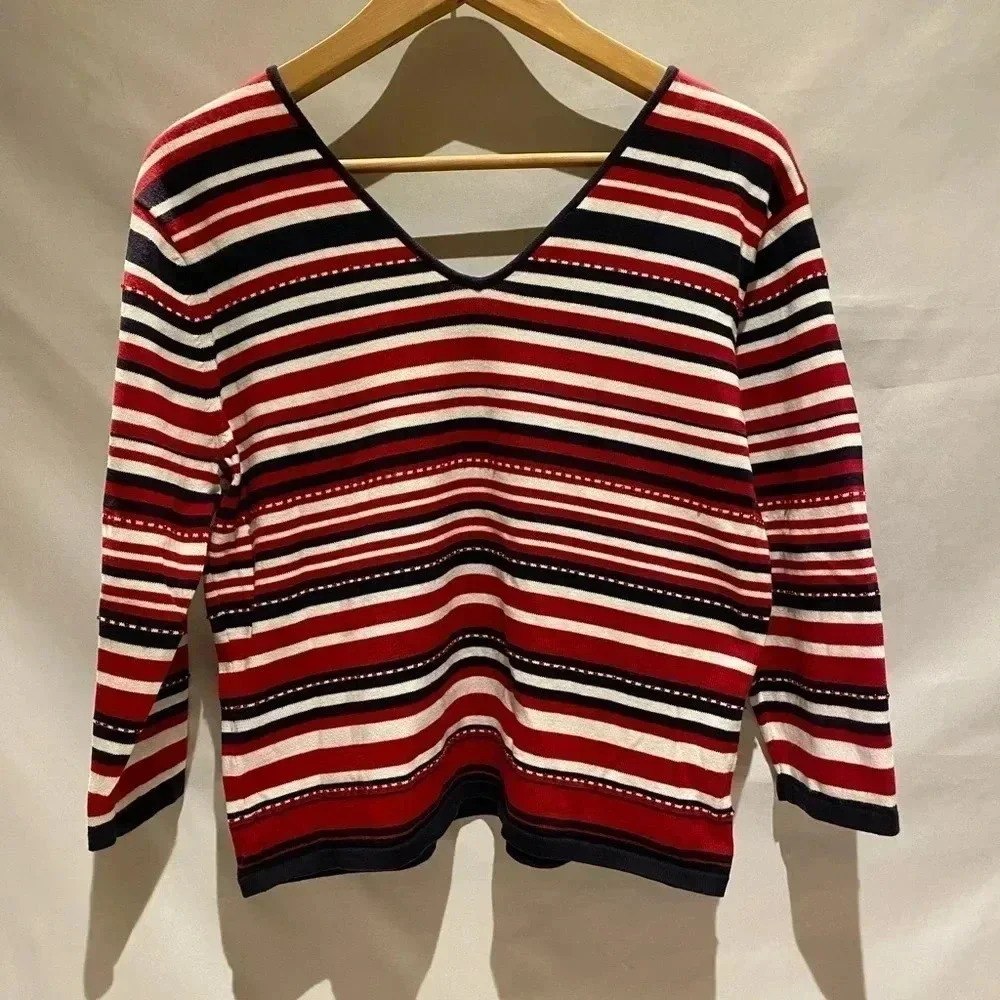 Talbots Red, White, and Blue Beaded Striped Sweater, size L